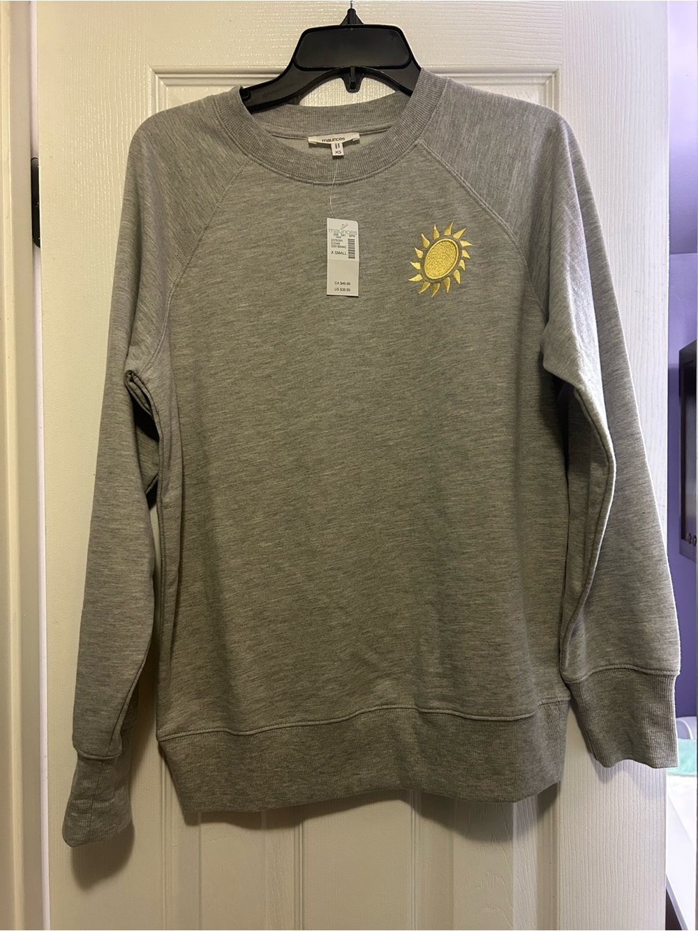 Maurices Light Gray Crewneck Sweatshirt with Yellow Sun Patch